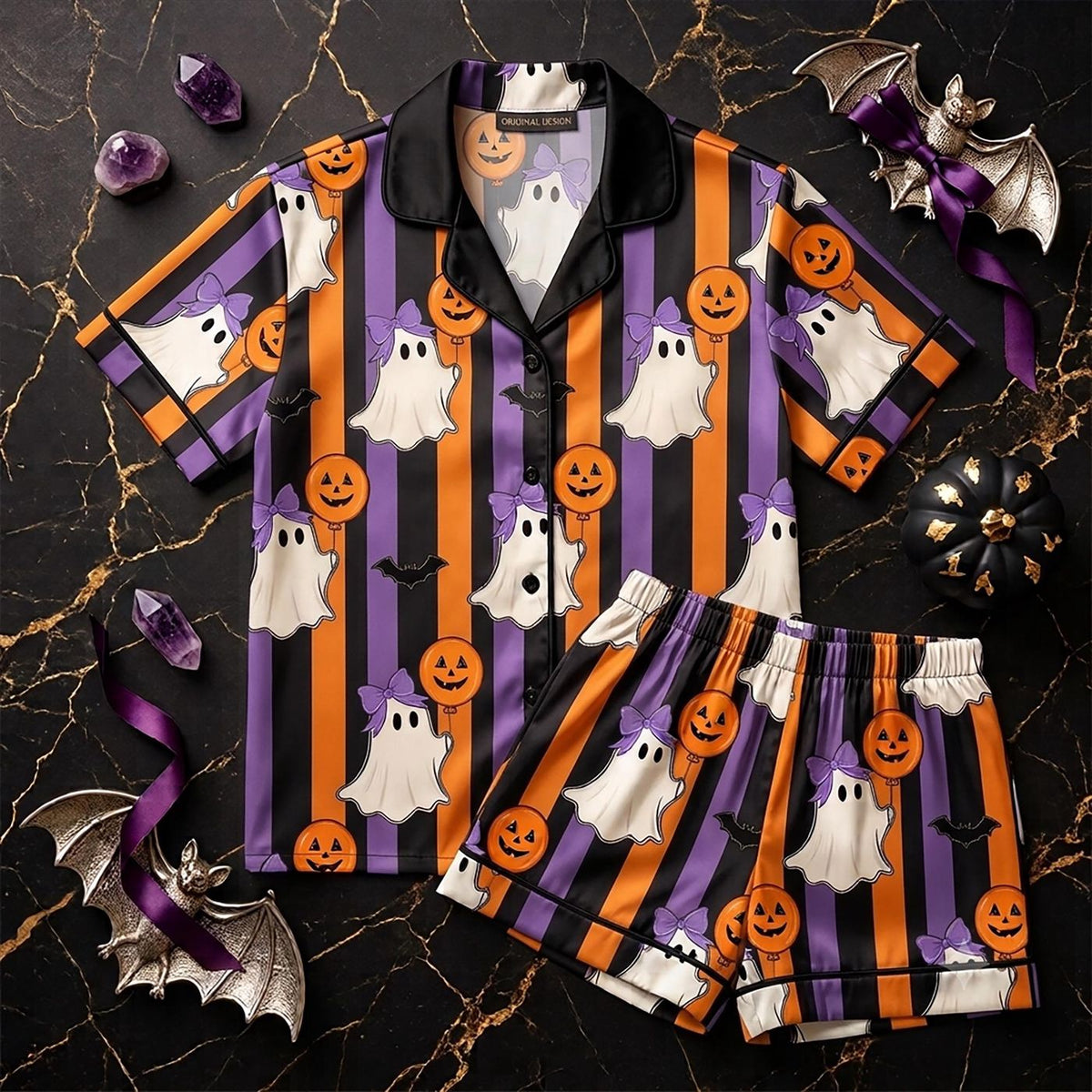 Spooky Cute Balloon Ghost Pajamas: Aesthetic Striped Coquette Nightwear Halloween Gifts For Her