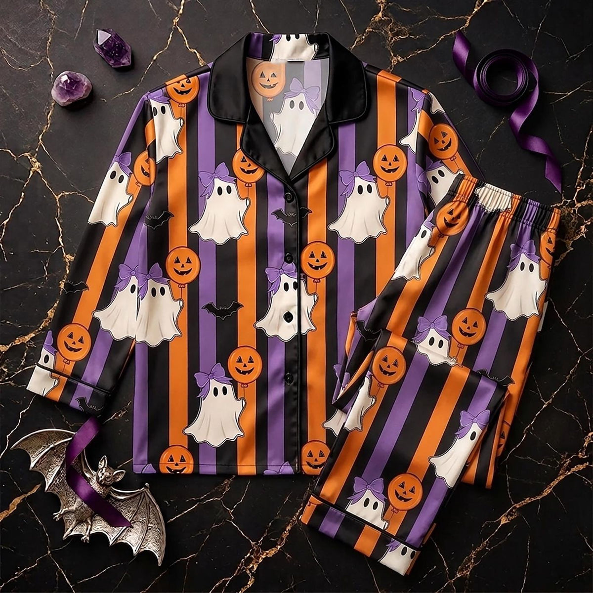 Spooky Cute Balloon Ghost Pajamas: Aesthetic Striped Coquette Nightwear Halloween Gifts For Her