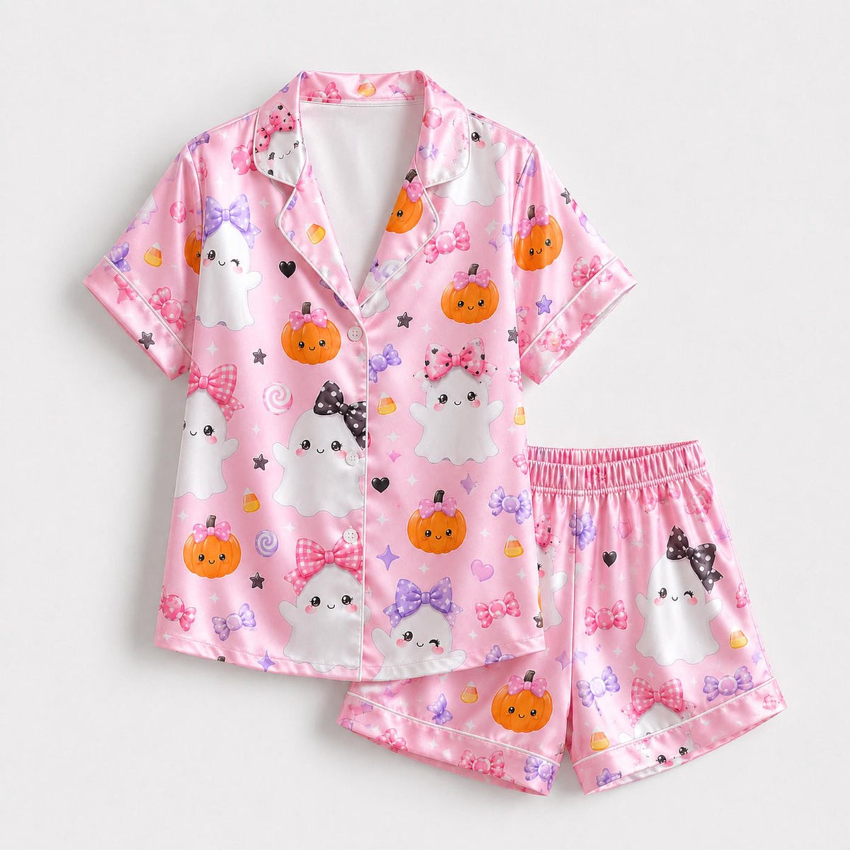 Spooky Cute Ghost Satin Pajama Set: Cozy Autumn Sleepwear with Halloween Pattern