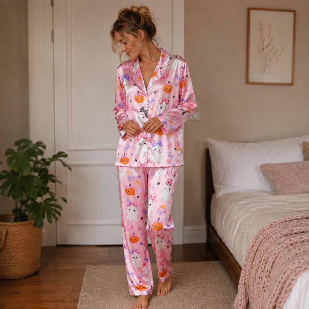 Spooky Cute Ghost Satin Pajama Set: Cozy Autumn Sleepwear with Halloween Pattern