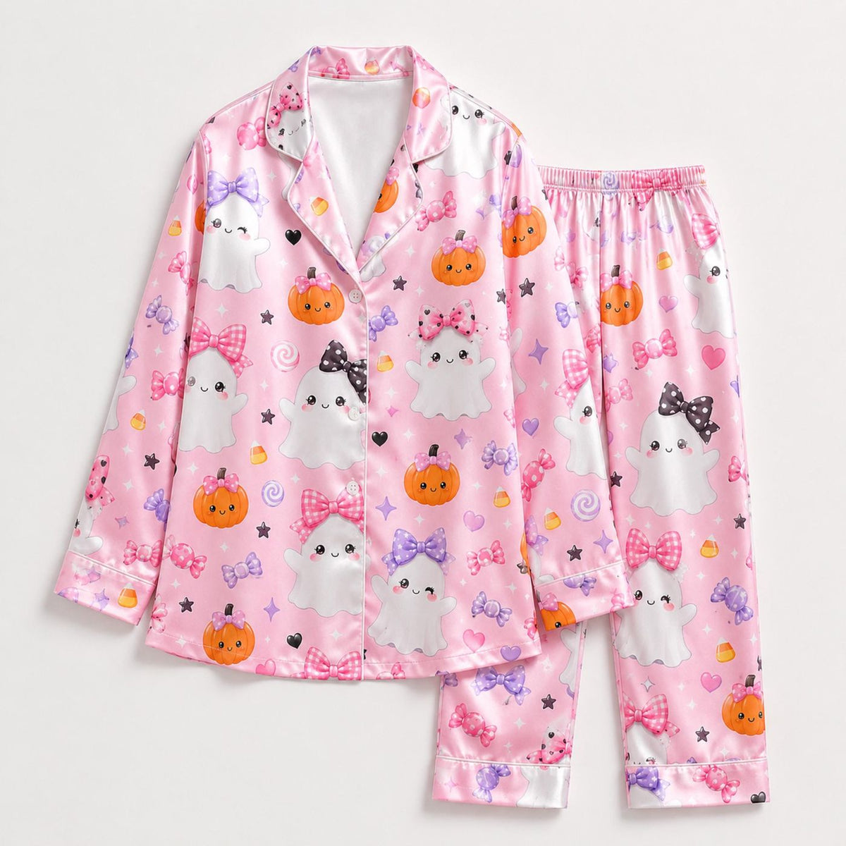 Spooky Cute Ghost Satin Pajama Set: Cozy Autumn Sleepwear with Halloween Pattern