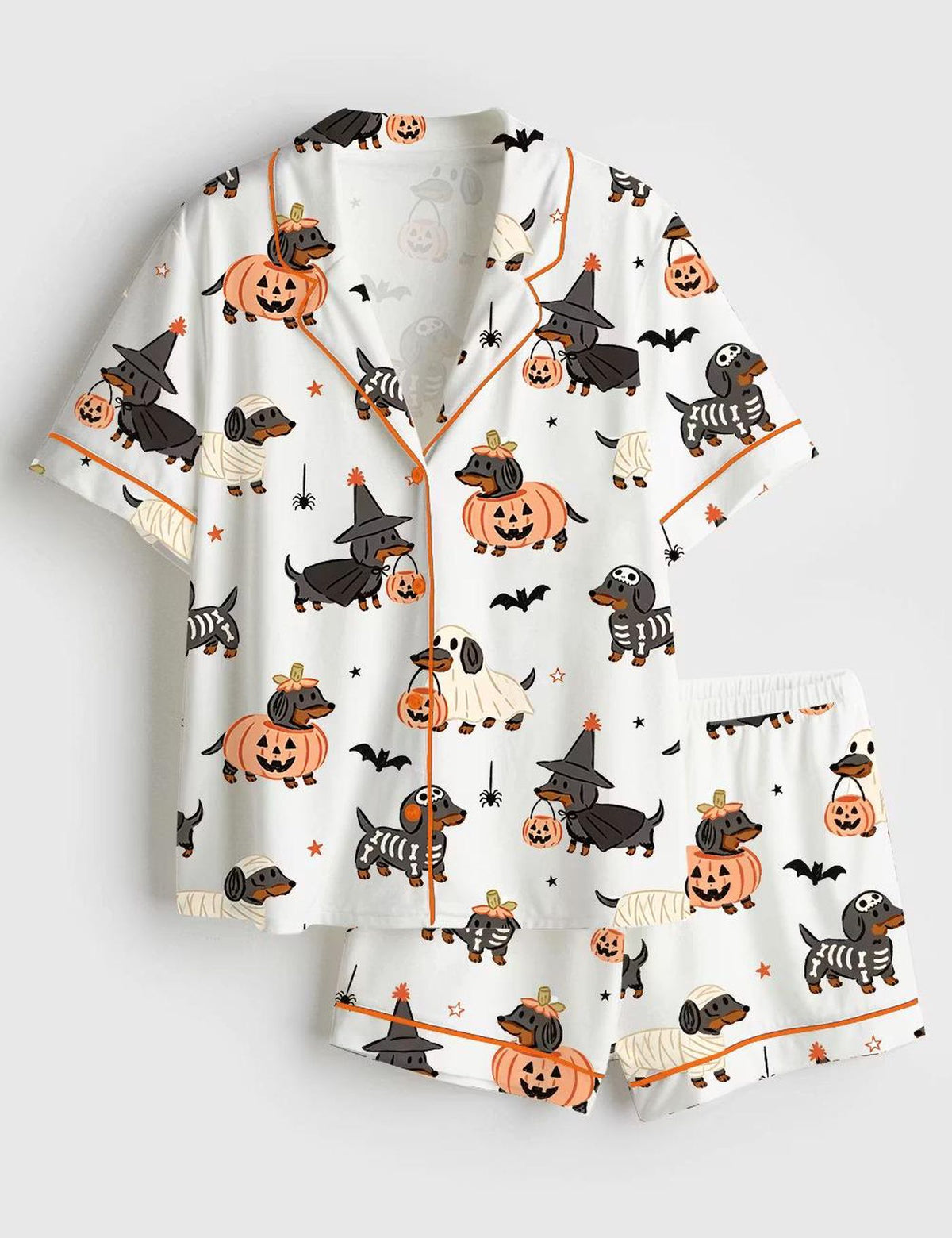 Spooky Dachshund Satin Pajama Set for Women - Halloween Dog Pjs Short Sleeve Sleepwear Cute Loungewear Gift