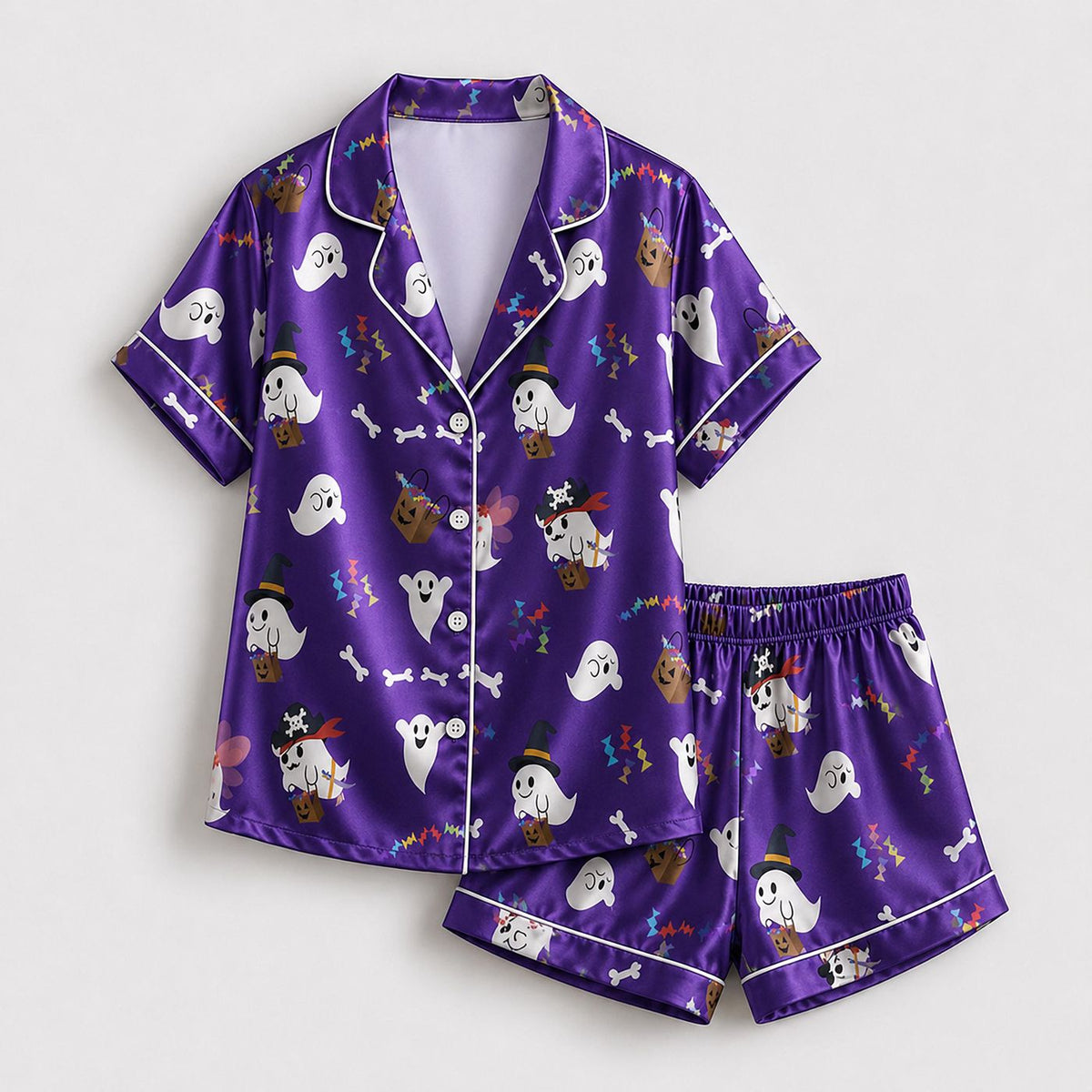Spooky Festival Satin Pajama Set - Colorful Halloween Sleepwear for Cozy October Loungewear - Seasonal Boutique Gift