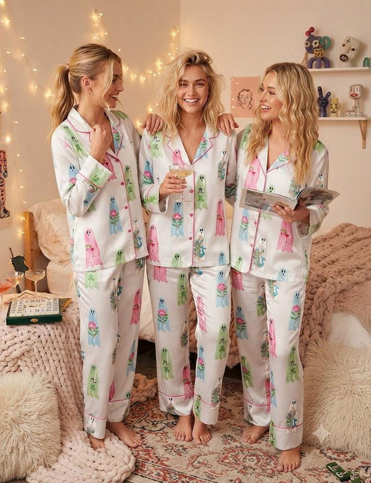 Spooky Ghost PJs: Floral Chinoiserie Halloween Pajamas for Bachelorette Sleepwear