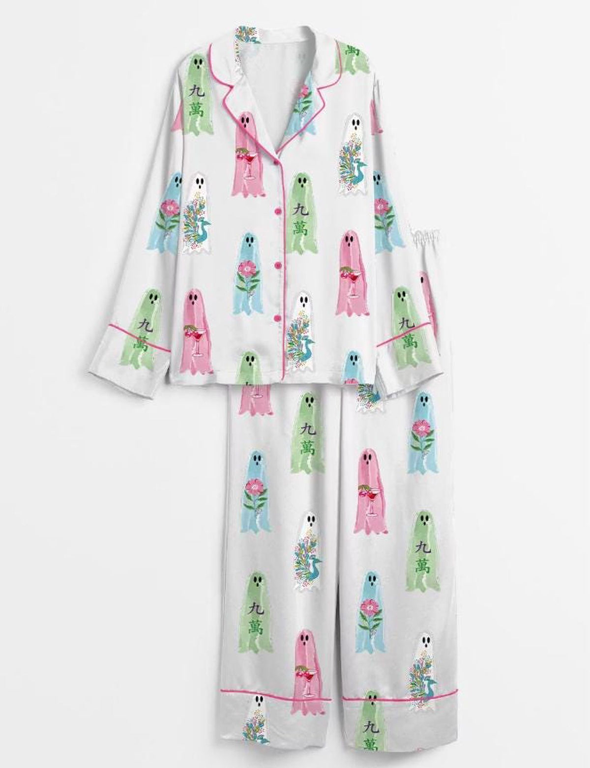 Spooky Ghost PJs: Floral Chinoiserie Halloween Pajamas for Bachelorette Sleepwear