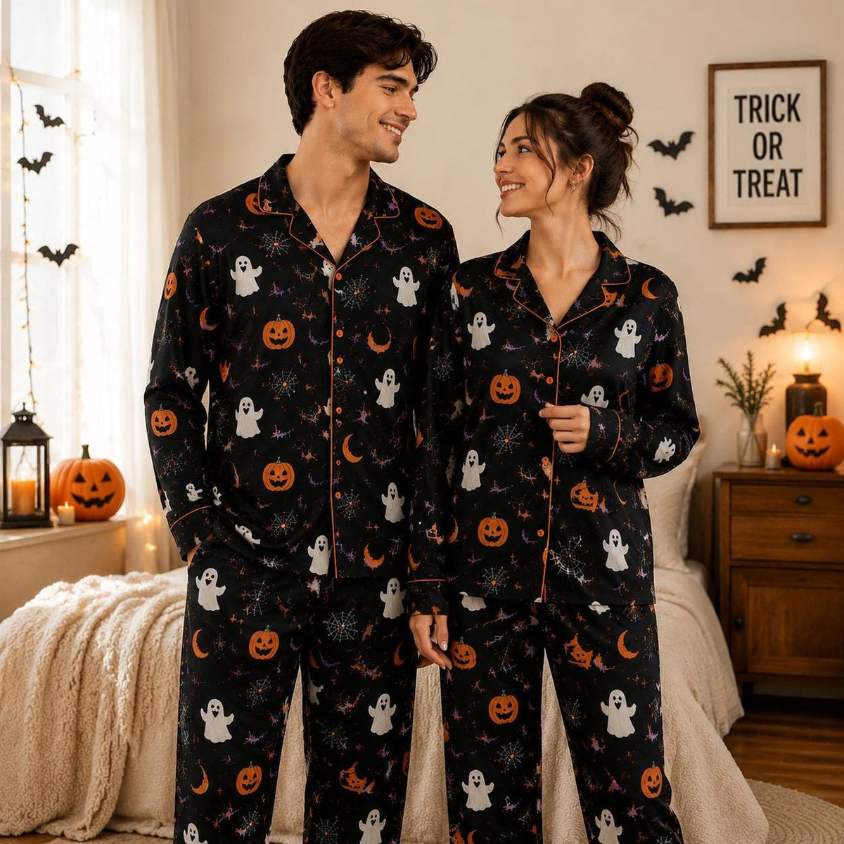 Spooky Ghost Pumpkin Bat Pajama Set - Halloween Loungewear Sleepwear