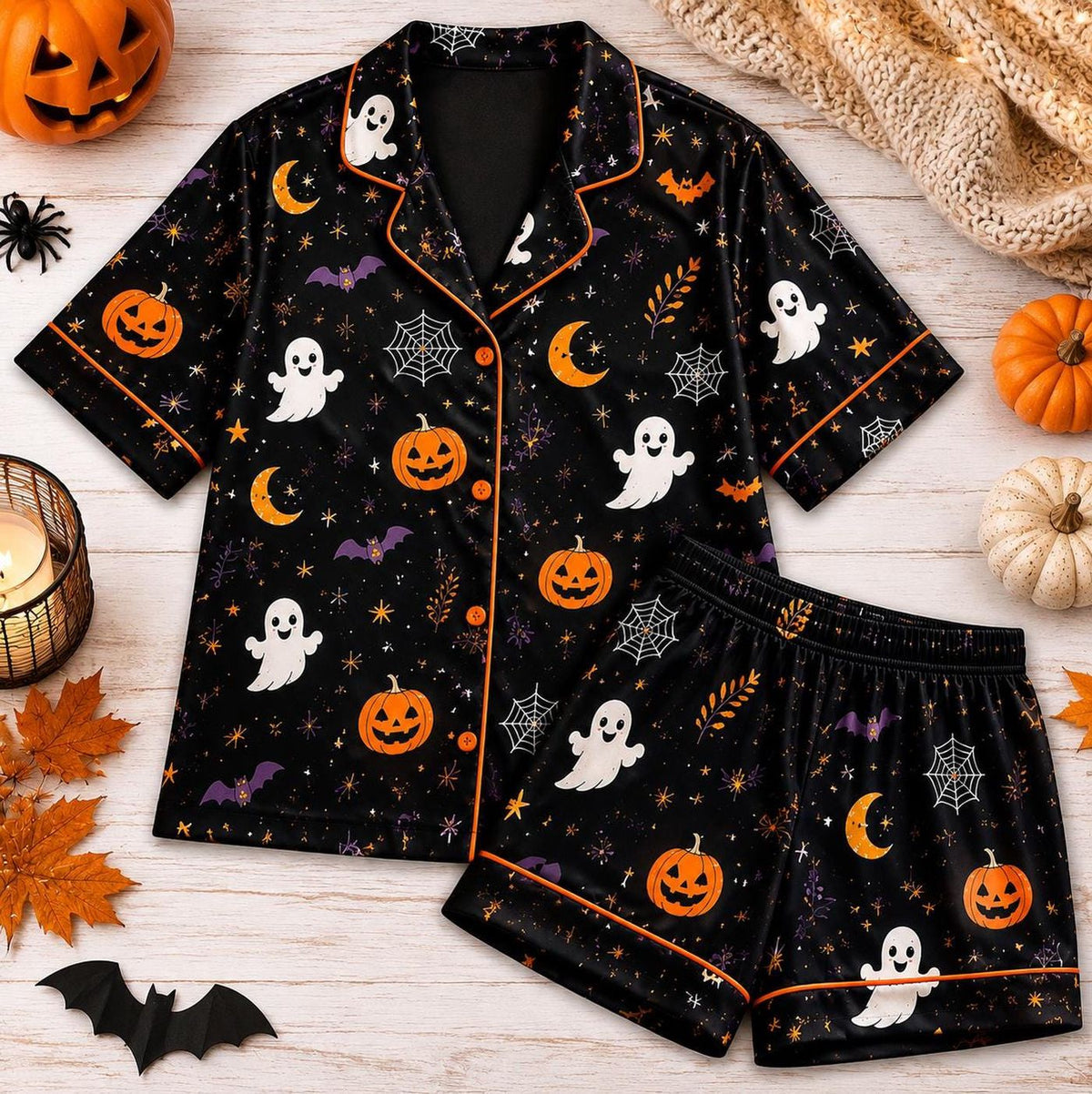 Spooky Ghost Pumpkin Bat Pajama Set - Halloween Loungewear Sleepwear