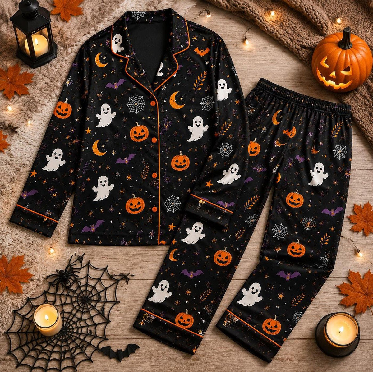 Spooky Ghost Pumpkin Bat Pajama Set - Halloween Loungewear Sleepwear