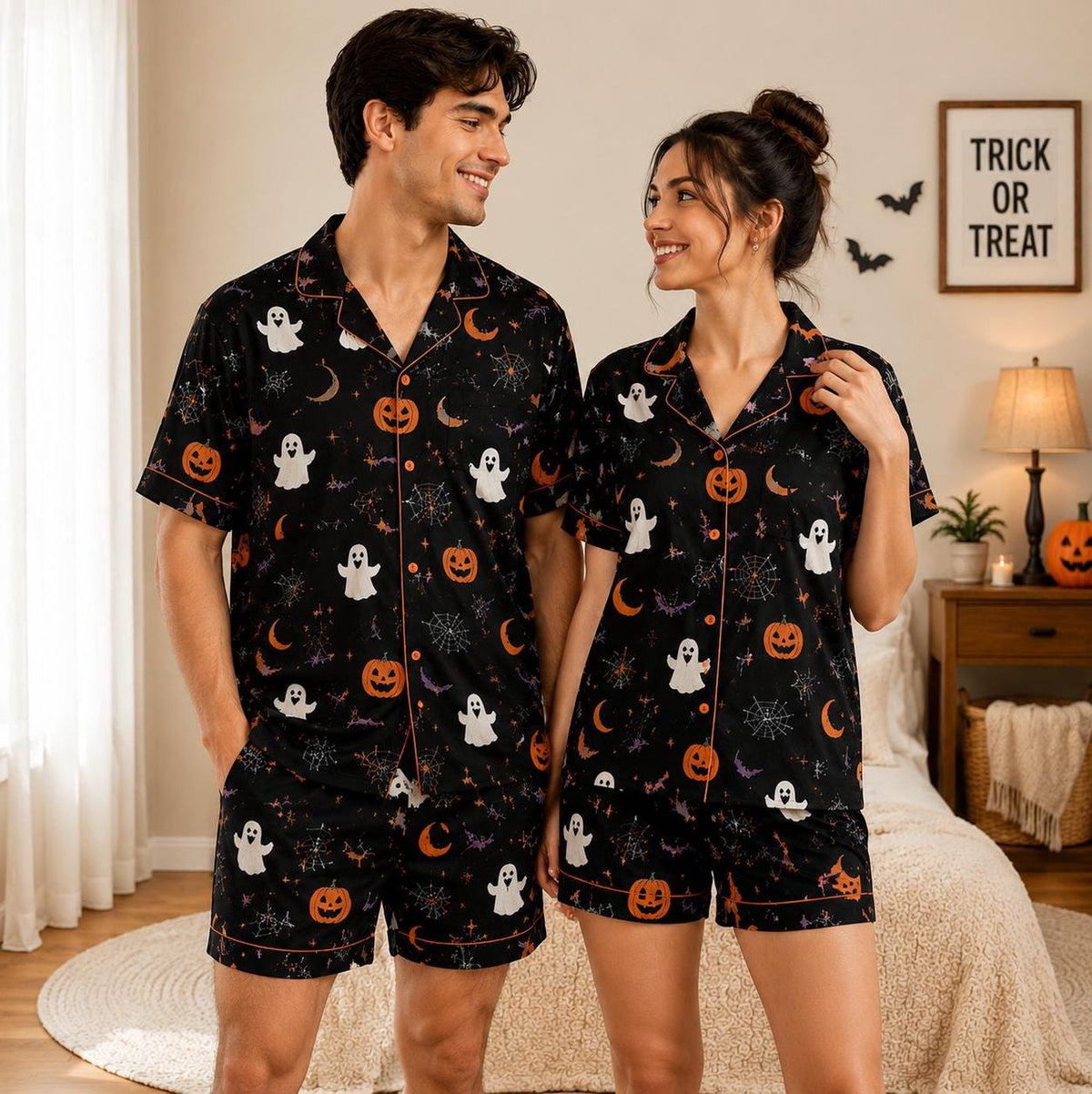 Spooky Ghost Pumpkin Bat Pajama Set - Halloween Loungewear Sleepwear