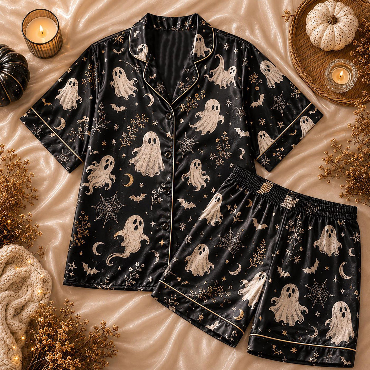 Spooky Ghost Women Pajama Set: Halloween Black Sleepwear Moon Star Gothic Gift