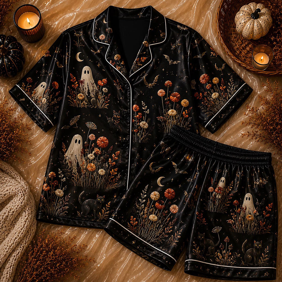 Spooky Ghost Women s Pajamas Set: Gothic Pumpkin Black Cat Satin PJs for Halloween