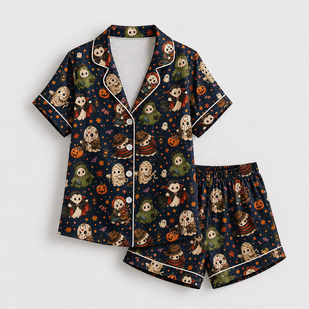 Spooky Halloween Dog Satin Pajama Set Cozy Sleepwear with Pumpkin Ghost & Autumn Pattern