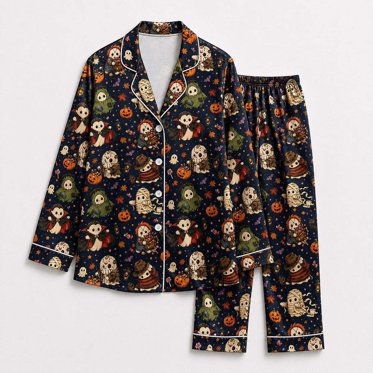 Spooky Halloween Dog Satin Pajama Set Cozy Sleepwear with Pumpkin Ghost & Autumn Pattern