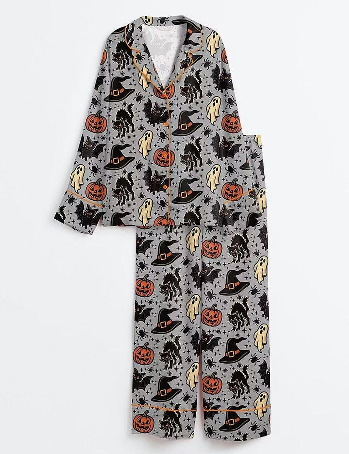 Spooky Halloween Satin Pajama Set - Ghost Bat Cat Pumpkin Witch - Festive Sleepwear