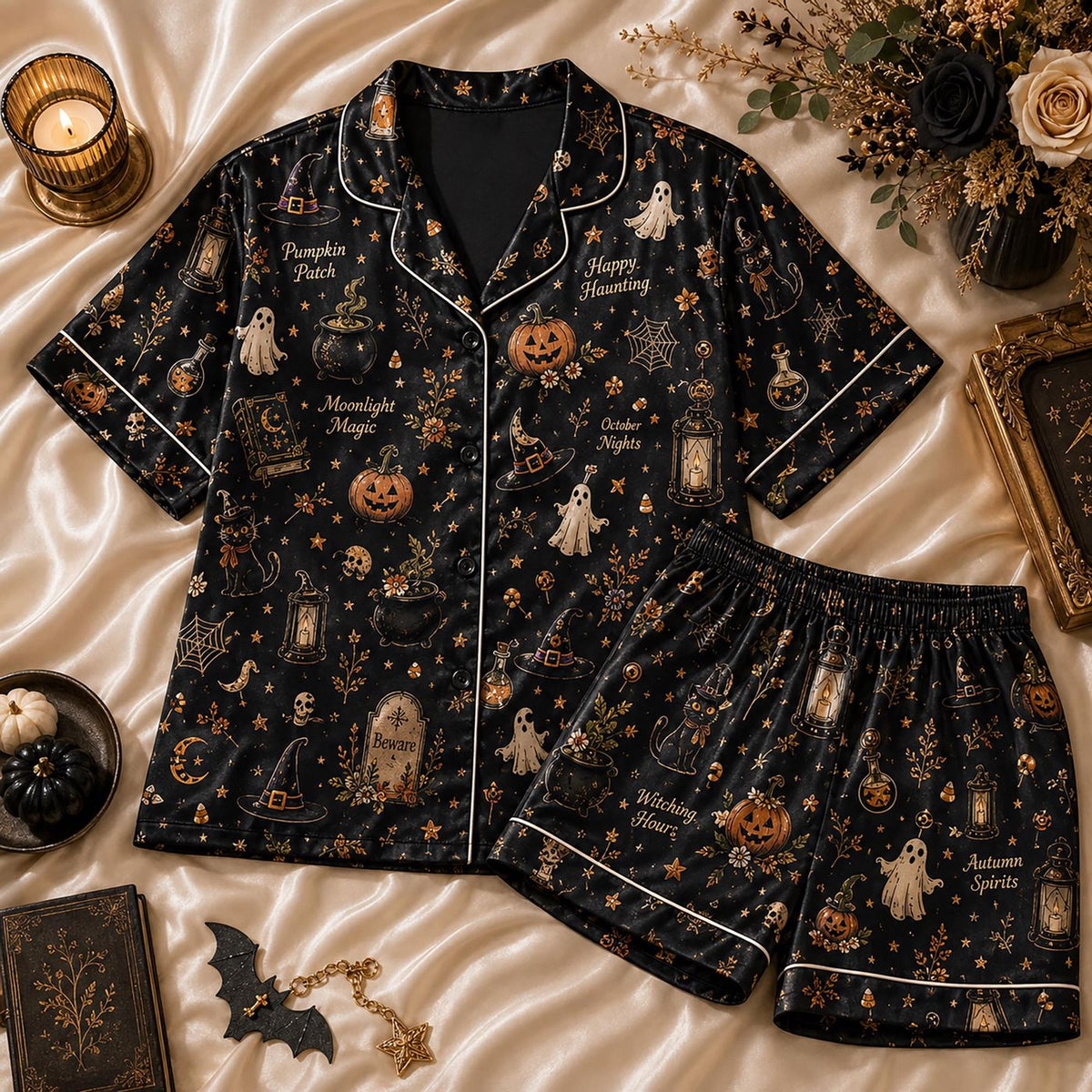 Spooky Halloween Satin Pajama Set: Pumpkin Ghost Witchy Sleepwear for Her