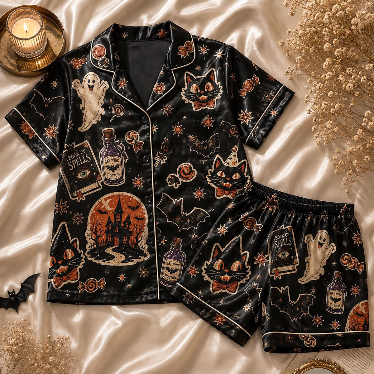 Spooky Halloween Satin Pajama Set: Witchy Ghost Black Cat PJs Gothic Gift for Her