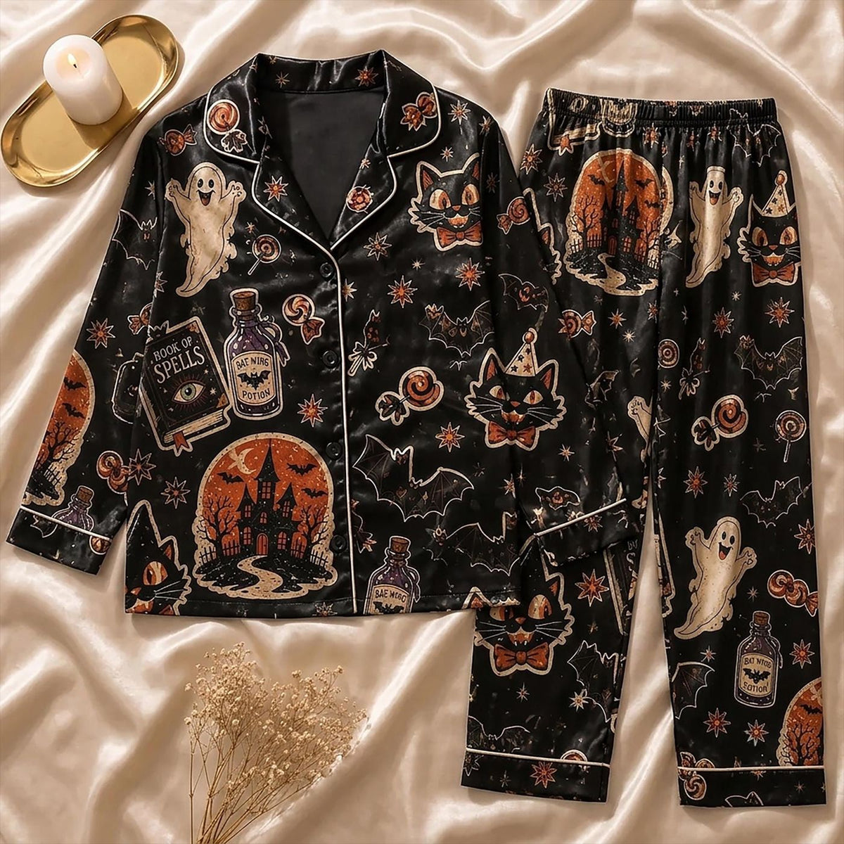 Spooky Halloween Satin Pajama Set: Witchy Ghost Black Cat PJs Gothic Sleepwear Gift for Her