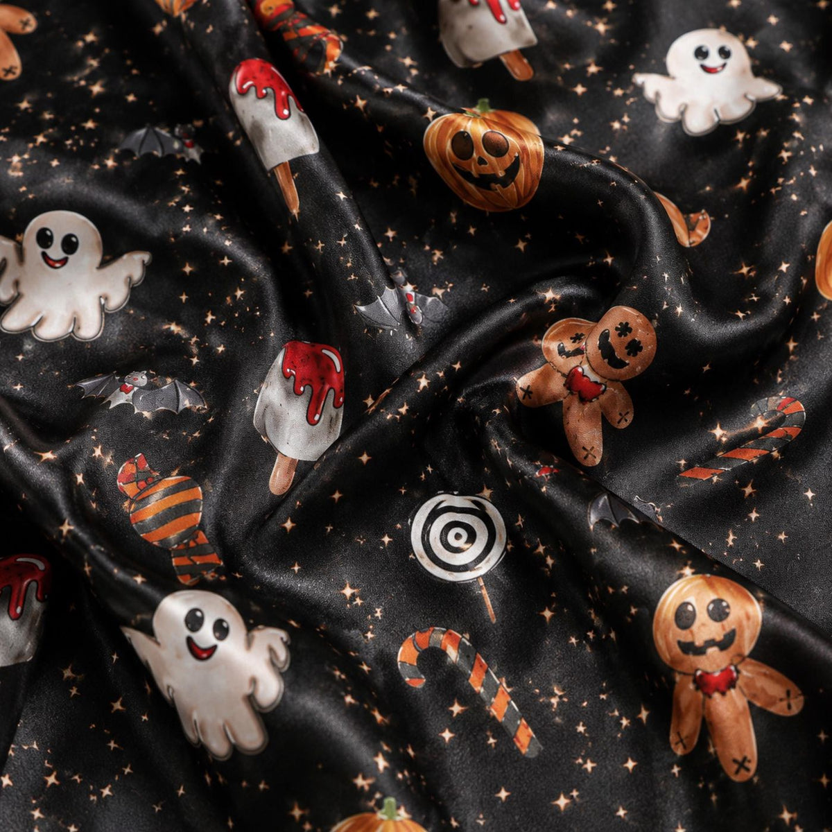 Spooky Holiday Satin Pajama Set: Santa Ghosts Pumpkins Gingerbread & Halloween Christmas Pattern