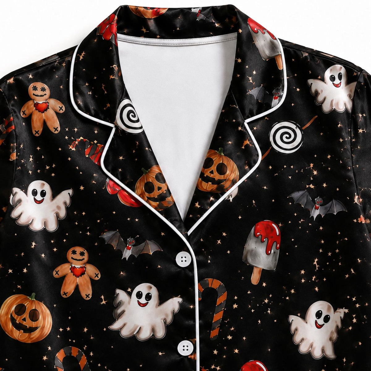 Spooky Holiday Satin Pajama Set: Santa Ghosts Pumpkins Gingerbread & Halloween Christmas Pattern