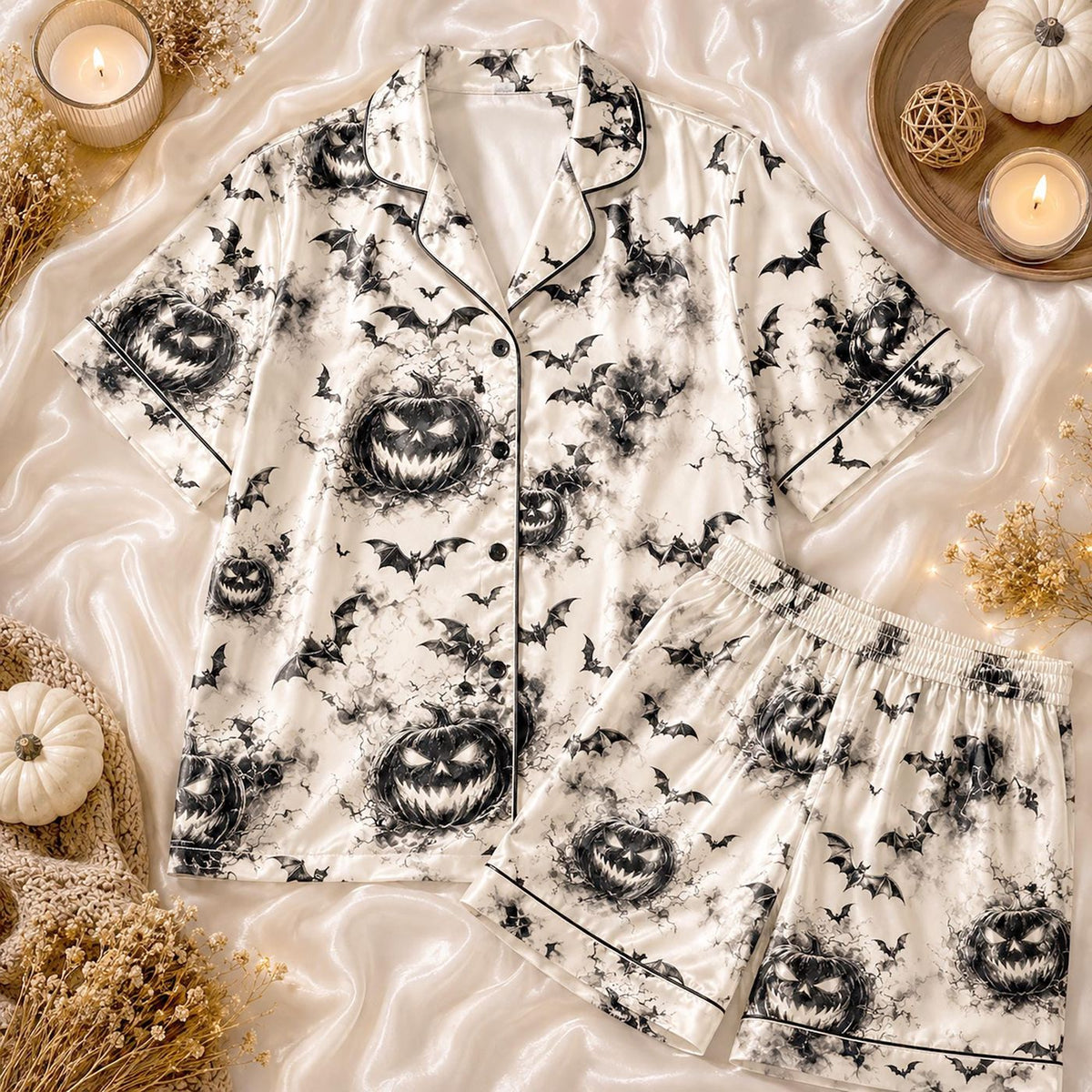Spooky Pumpkin Women Pajama Set: Halloween Bat Print PJ Set Gothic Loungewear Fall Gift