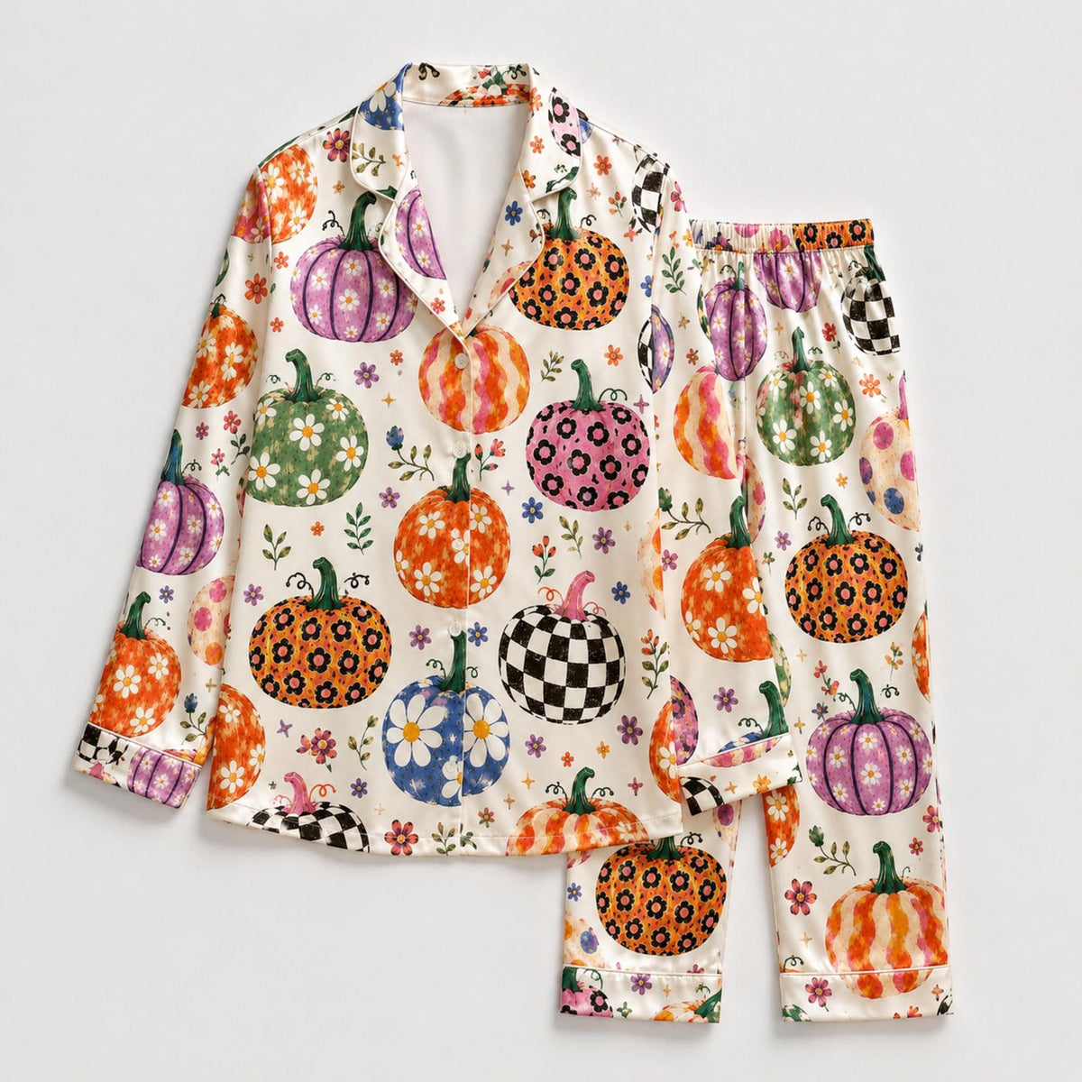 Spooky Season Satin Pajamas: Halloween & Fall Sleepwear Set for Stylish Comfort