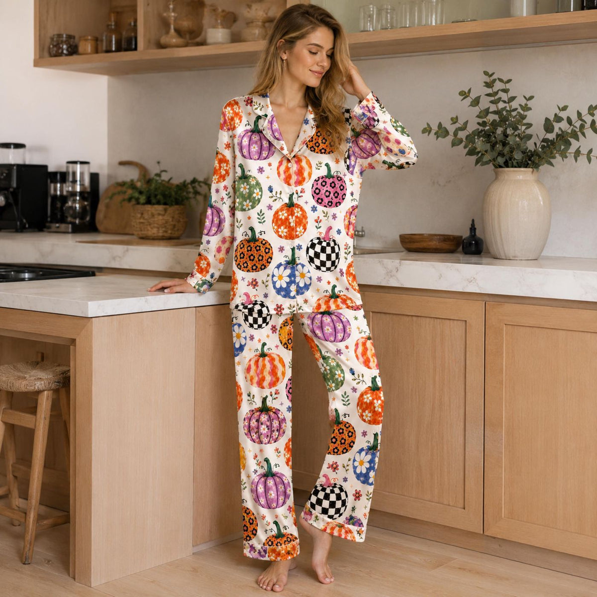 Spooky Season Satin Pajamas: Halloween & Fall Sleepwear Set for Stylish Comfort