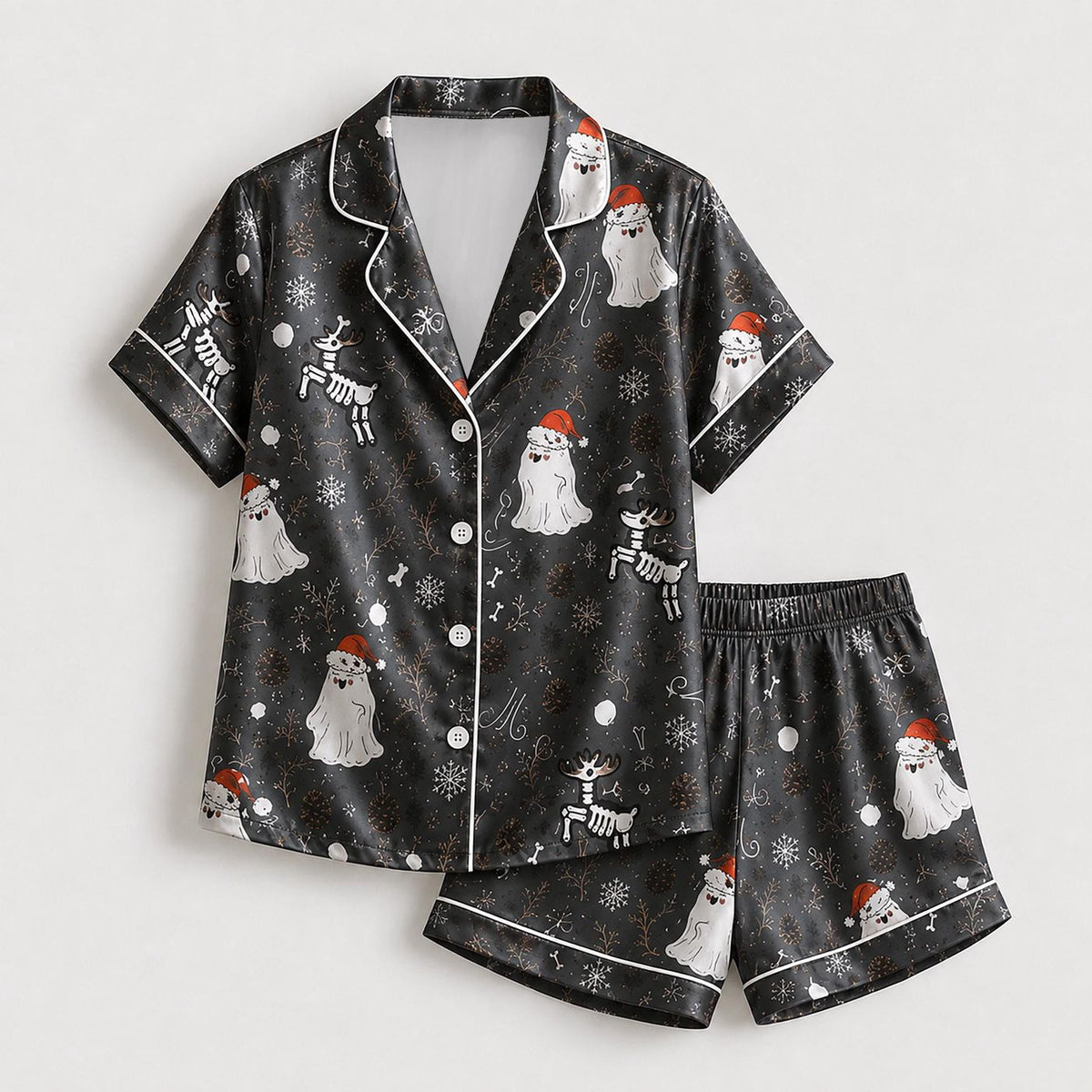 Spooky Winter Ghost Satin Pajama Set with Skeleton Cats and Holiday Pattern