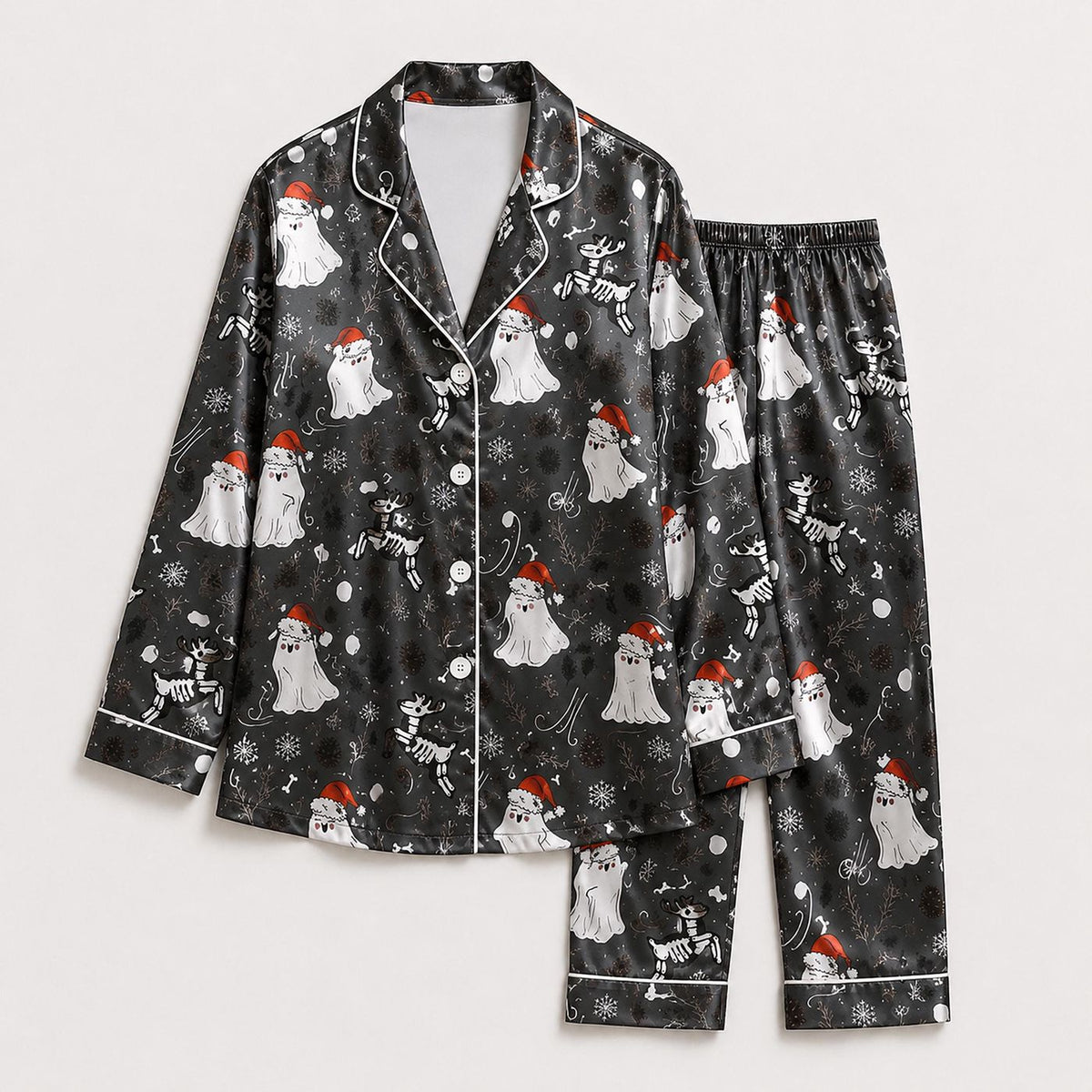 Spooky Winter Ghost Satin Pajama Set with Skeleton Cats and Holiday Pattern