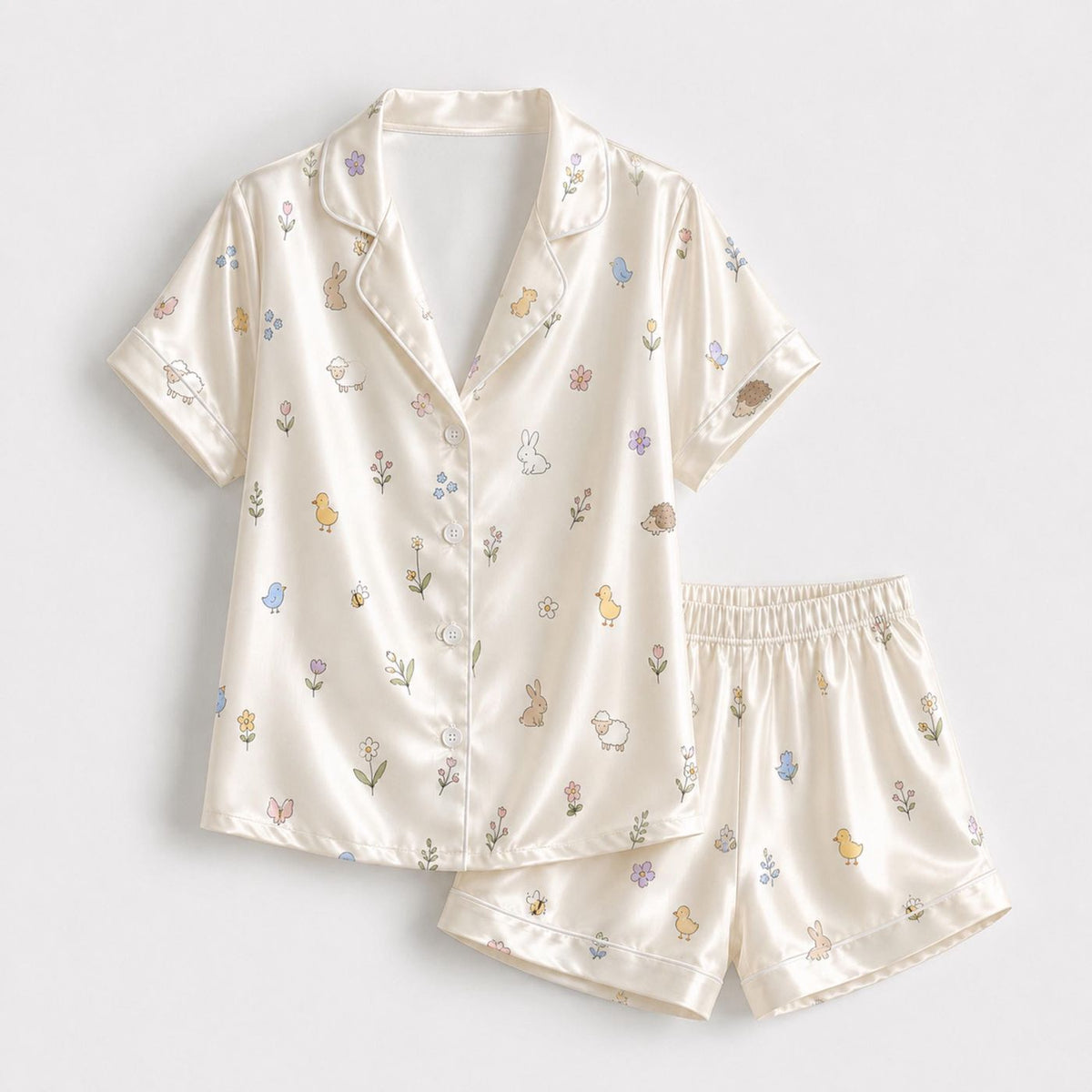 Spring Meadow Satin Pajama Set with Bunnies Chicks Lambs Wildflowers Sleepwear