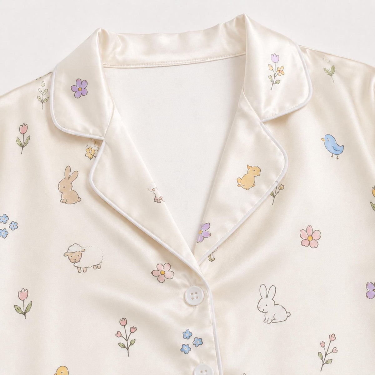Spring Meadow Satin Pajama Set with Bunnies Chicks Lambs Wildflowers Sleepwear