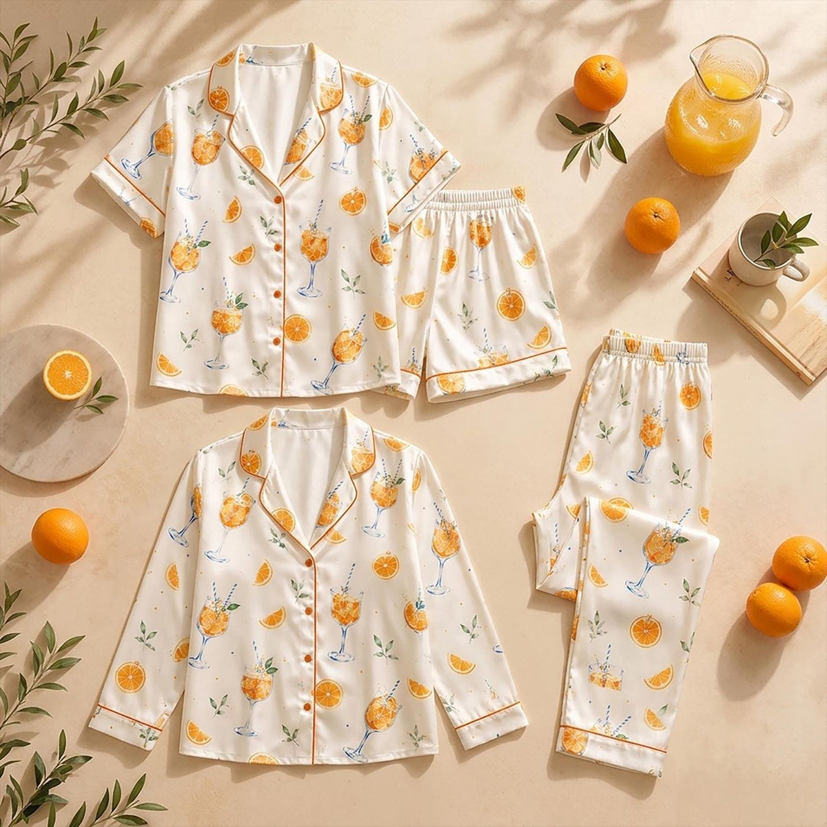 Orange Citrus Print Spritz Cocktail Pajama Set - Summer Bachelorette Sleepwear Gift