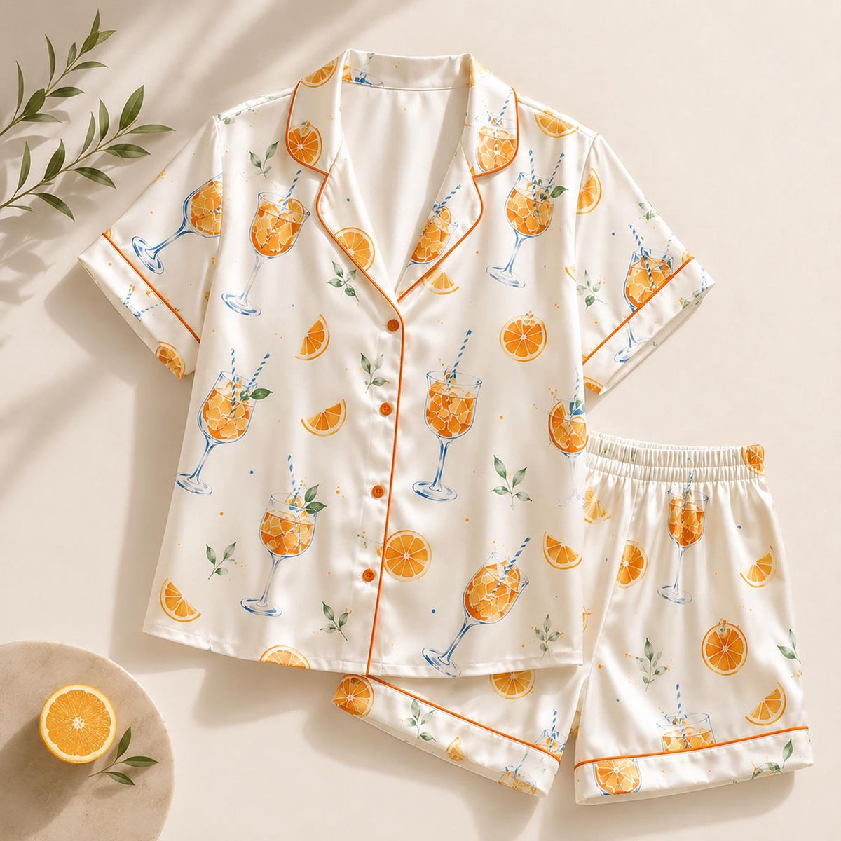 Orange Citrus Print Spritz Cocktail Pajama Set - Summer Bachelorette Sleepwear Gift