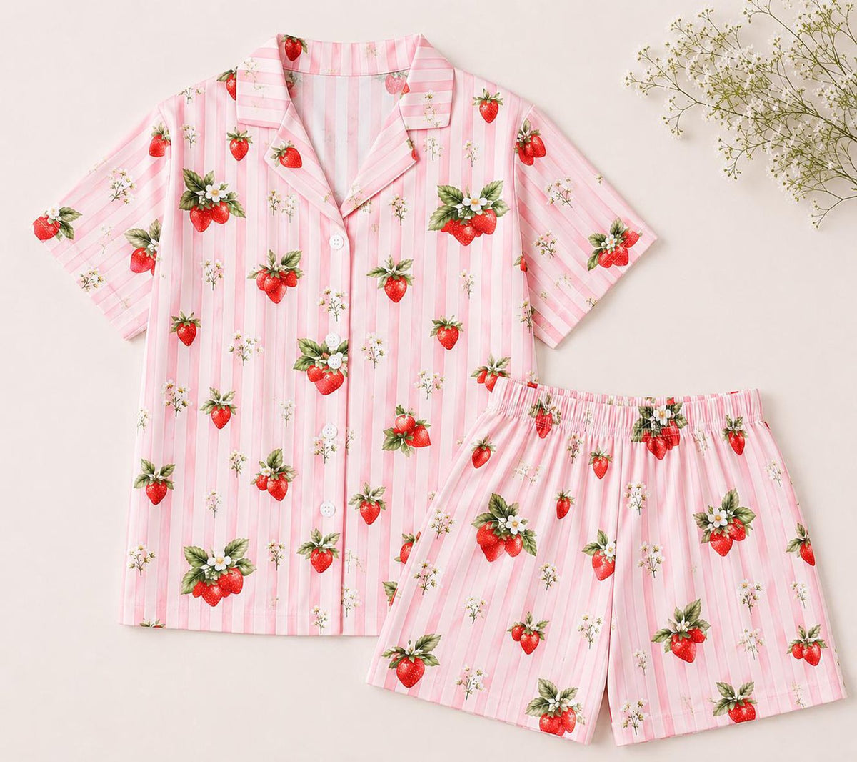 Blue Striped Strawberry Pajama Set Cottagecore Sleepwear Cute Fruit PJs