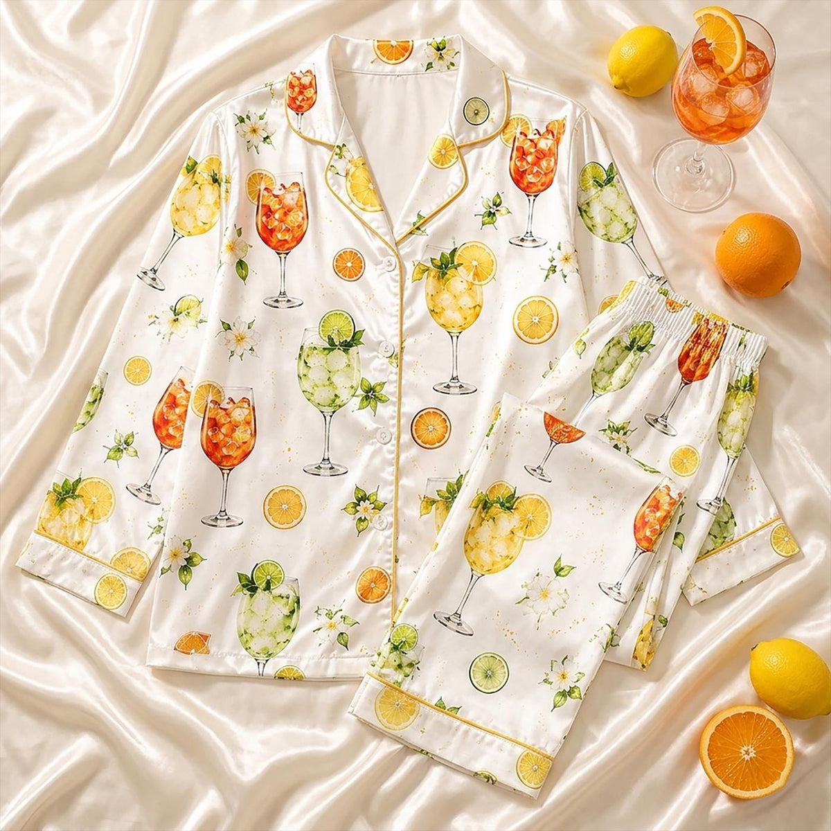Summer Citrus Print Pajama Set: Satin Short Sleeve Loungewear for Bachelorette Party Gift