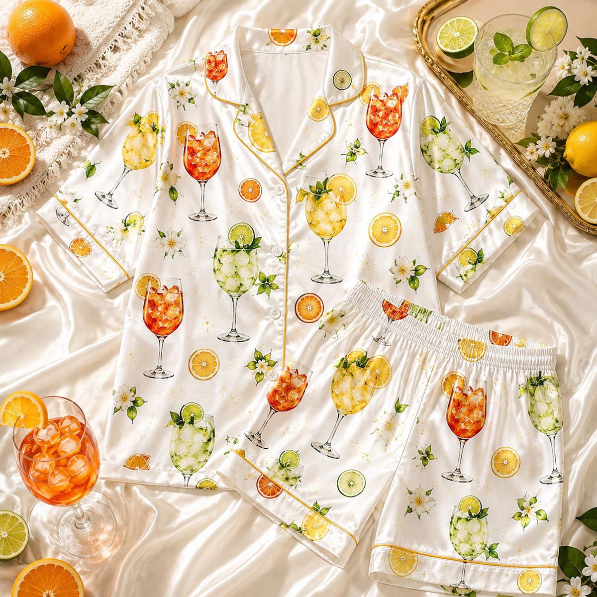 Summer Citrus Print Pajama Set: Satin Short Sleeve Loungewear for Bachelorette Party Gift