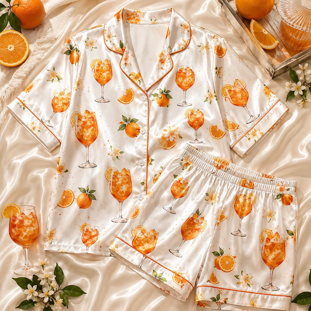 Citrus Print Summer Cocktail Women Pajama Set - Short Sleeve Lounge Set for Bachelorette Party Gift Her
