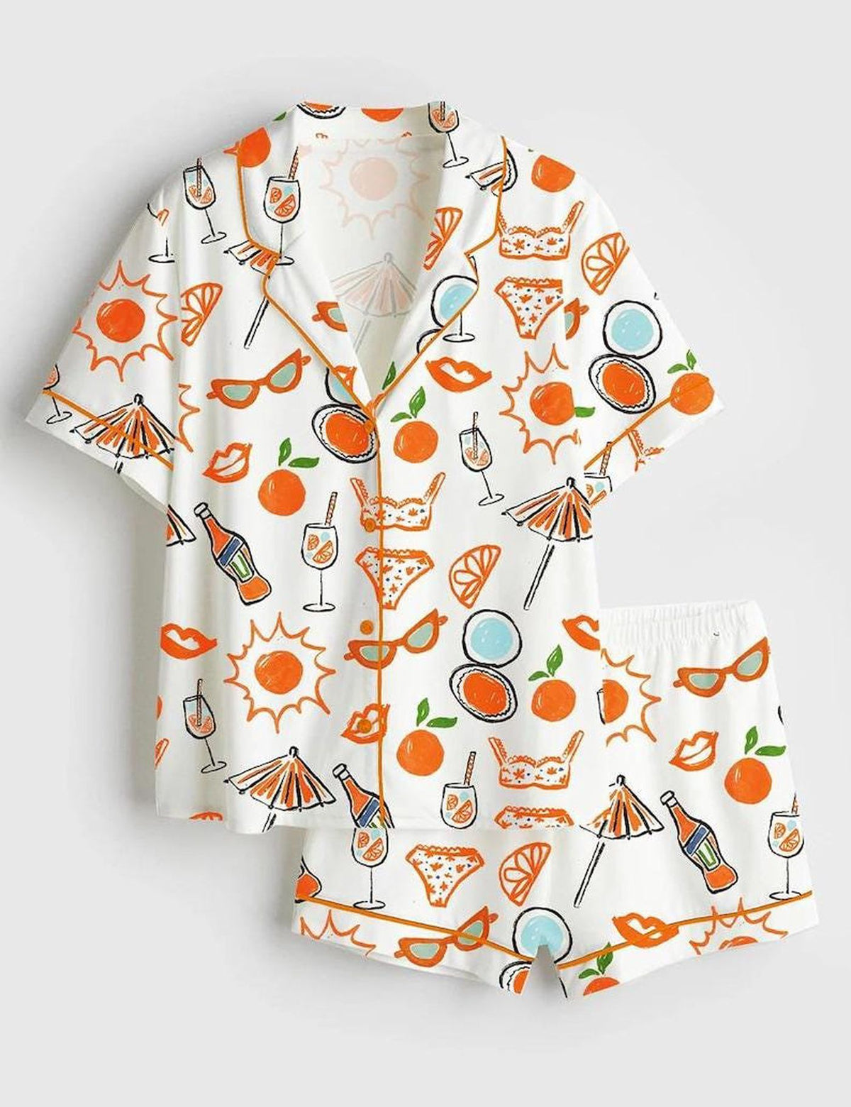 Citrus Print Summer Pajamas Set Women Beach Resort Vacation Sleepwear