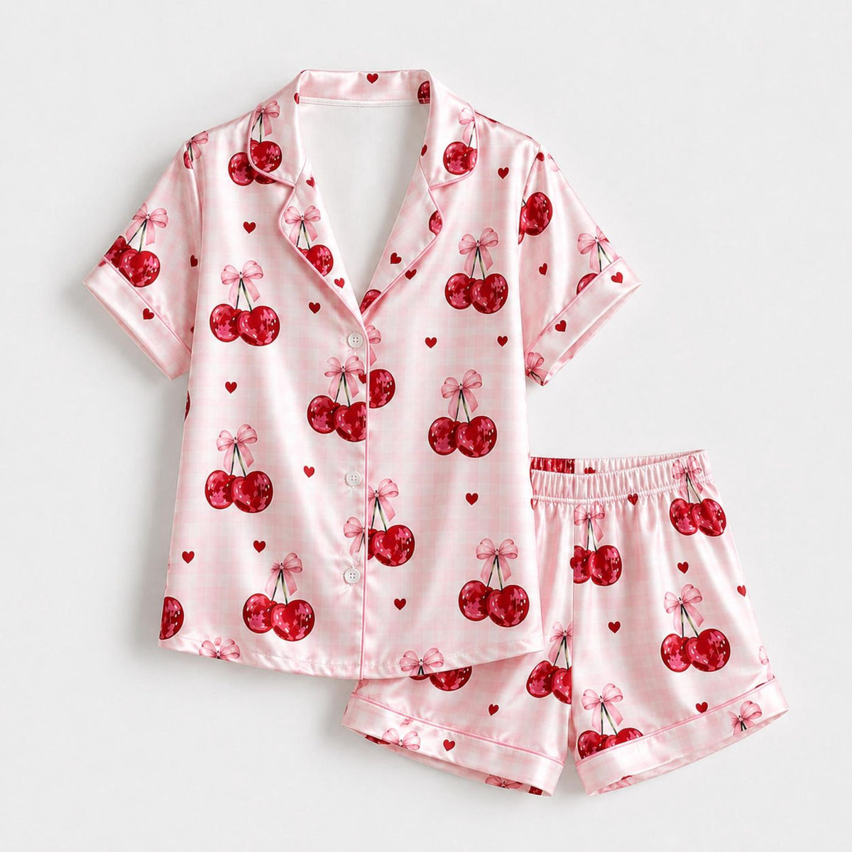 Sweet Cherry Satin Pajama Set: Playful Red Fruit Pattern for Cozy Sleep & Relaxation