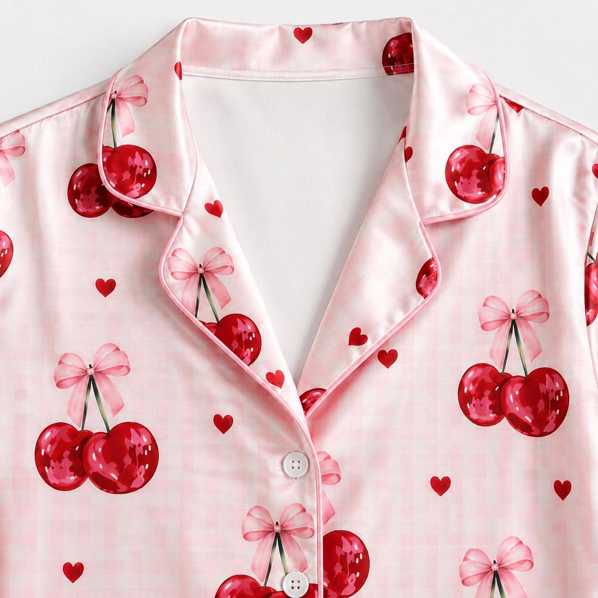 Sweet Cherry Satin Pajama Set: Playful Red Fruit Pattern for Cozy Sleep & Relaxation