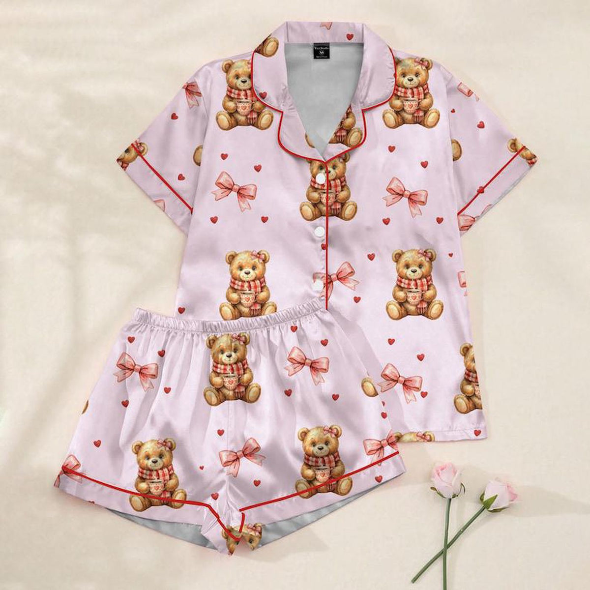 Pink Satin Teddy Bear Pajama Set Valentine Gift Her