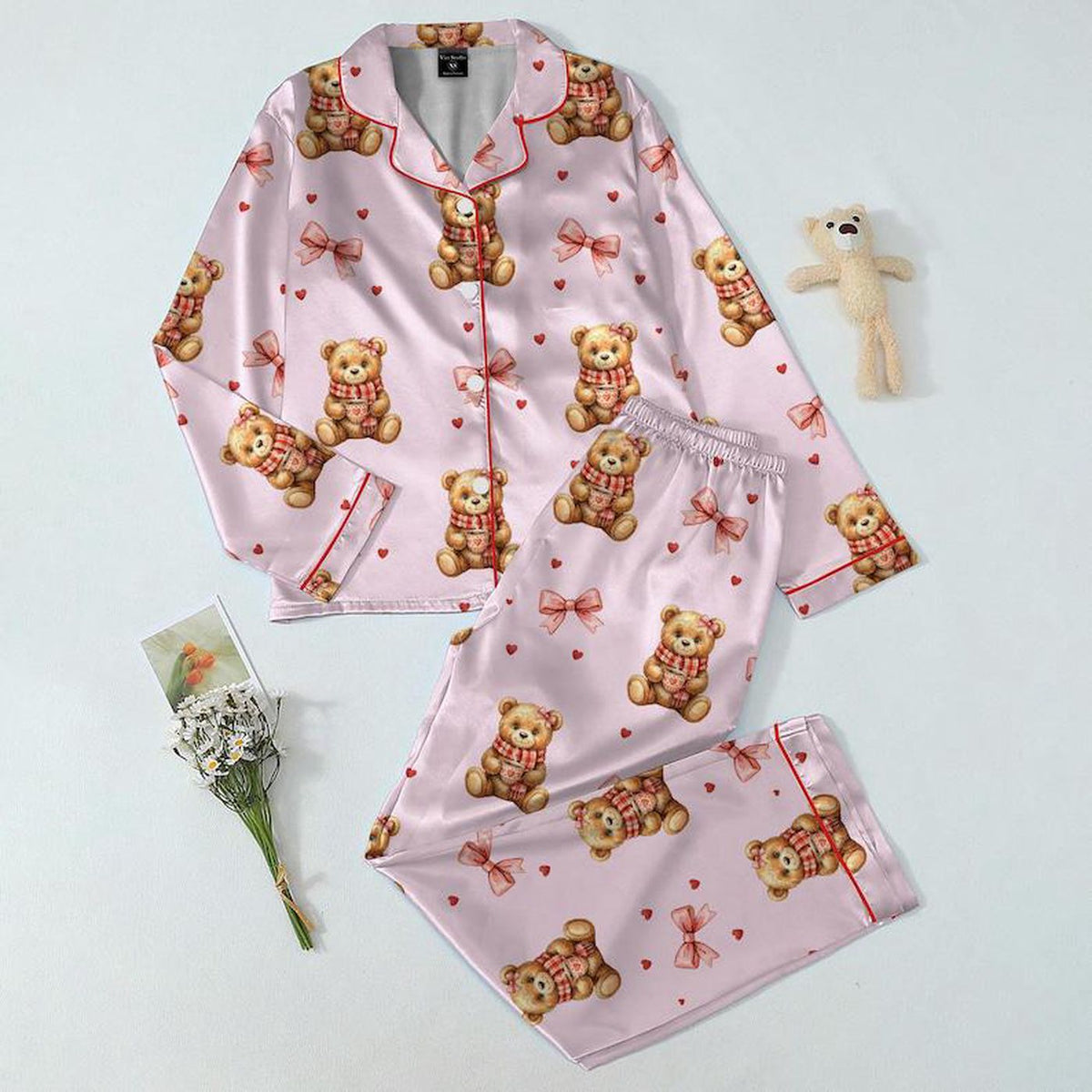 Pink Satin Teddy Bear Pajama Set Valentine Gift Her