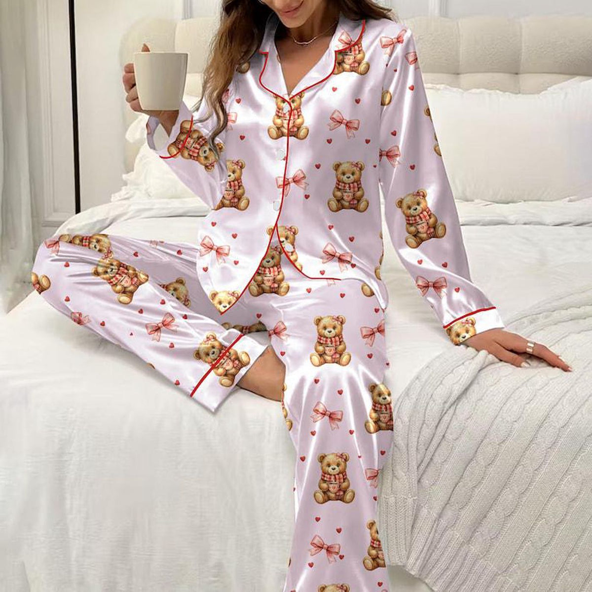 Pink Satin Teddy Bear Pajama Set Valentine Gift Her