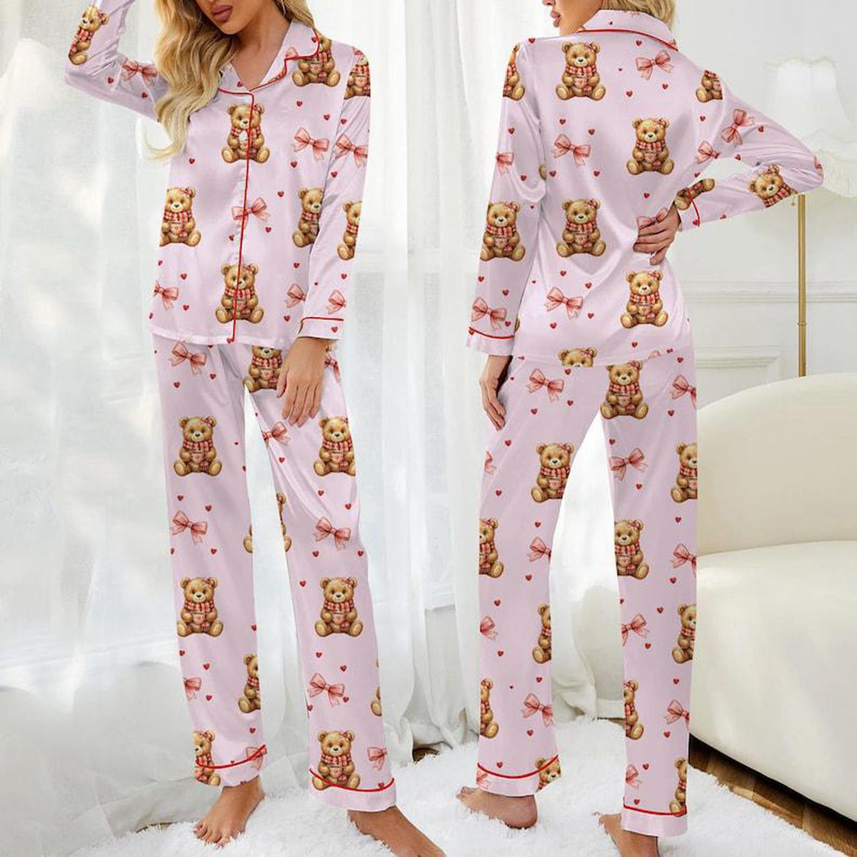 Pink Satin Teddy Bear Pajama Set Valentine Gift Her