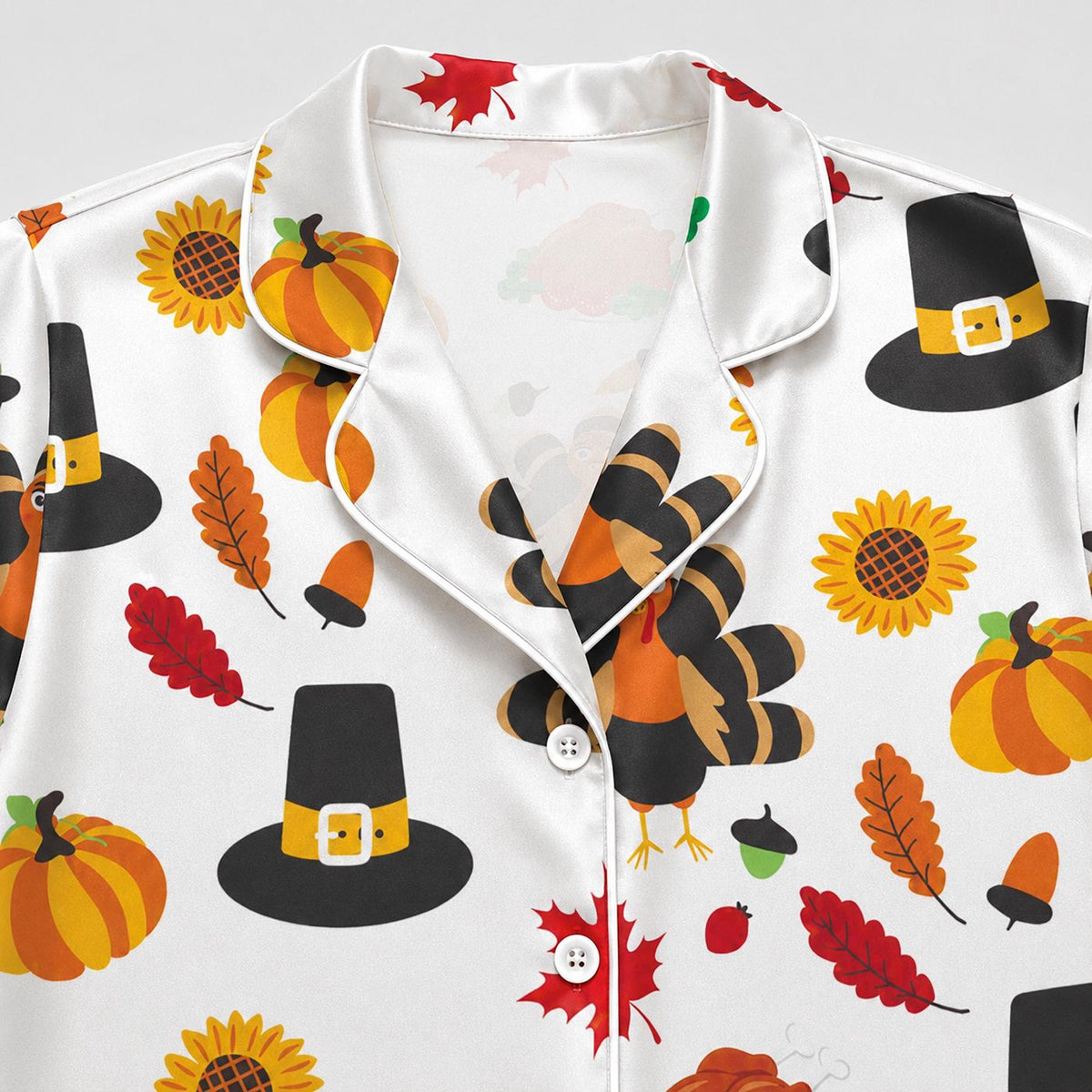 Thanksgiving Turkey Satin Pajama Set with Pumpkin Sunflower & Fall Harvest Pattern