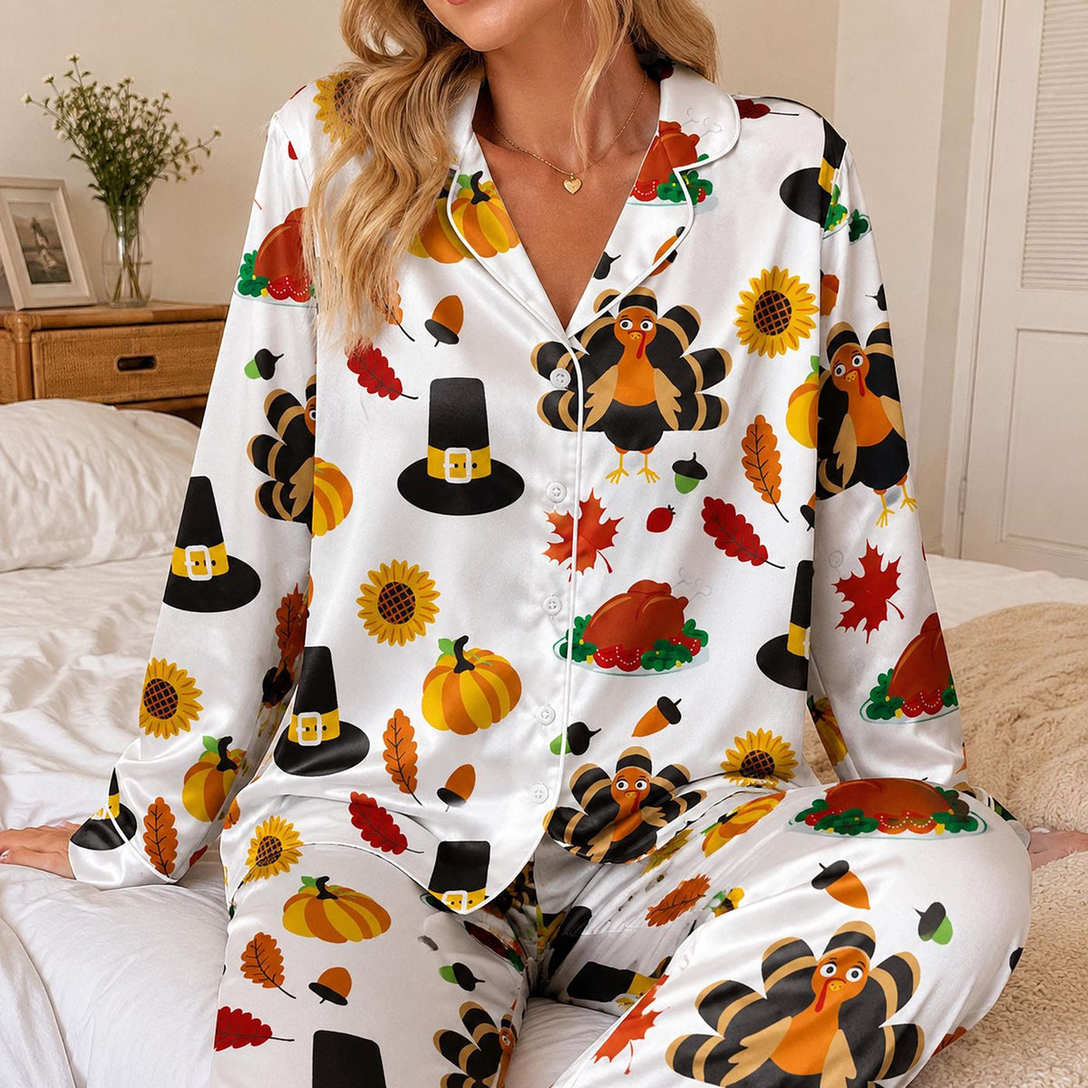 Thanksgiving Turkey Satin Pajama Set with Pumpkin Sunflower & Fall Harvest Pattern