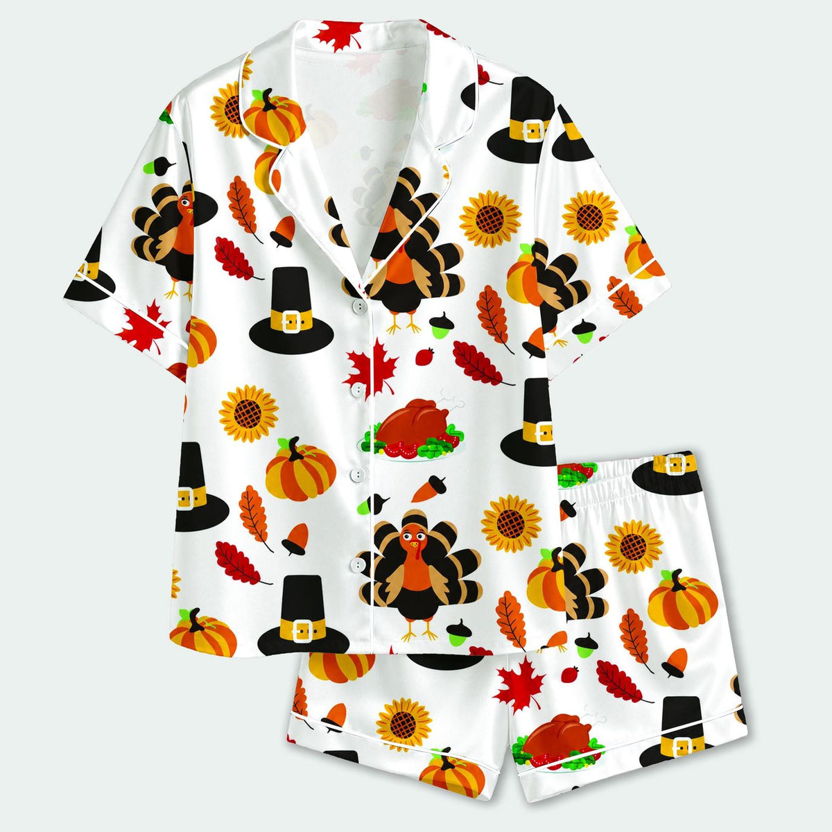 Thanksgiving Turkey Satin Pajama Set with Pumpkin Sunflower & Fall Harvest Pattern