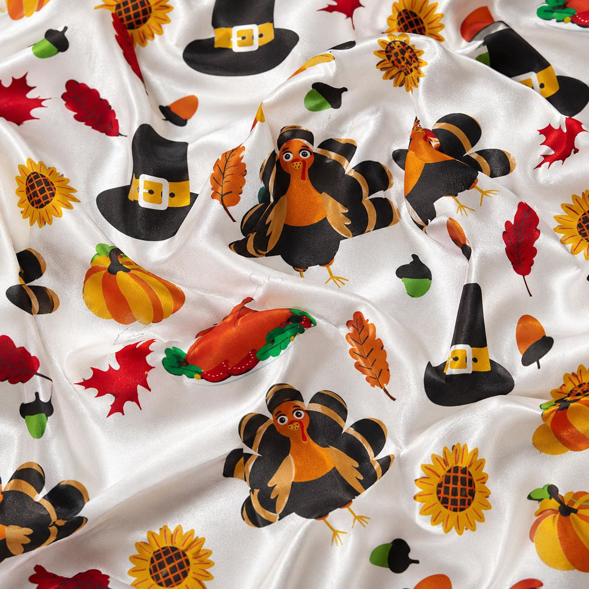 Thanksgiving Turkey Satin Pajama Set with Pumpkins Sunflowers Fall Leaves & Harvest Pattern