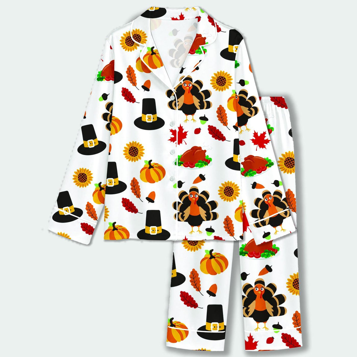 Thanksgiving Turkey Satin Pajama Set with Pumpkin Sunflower & Fall Harvest Pattern