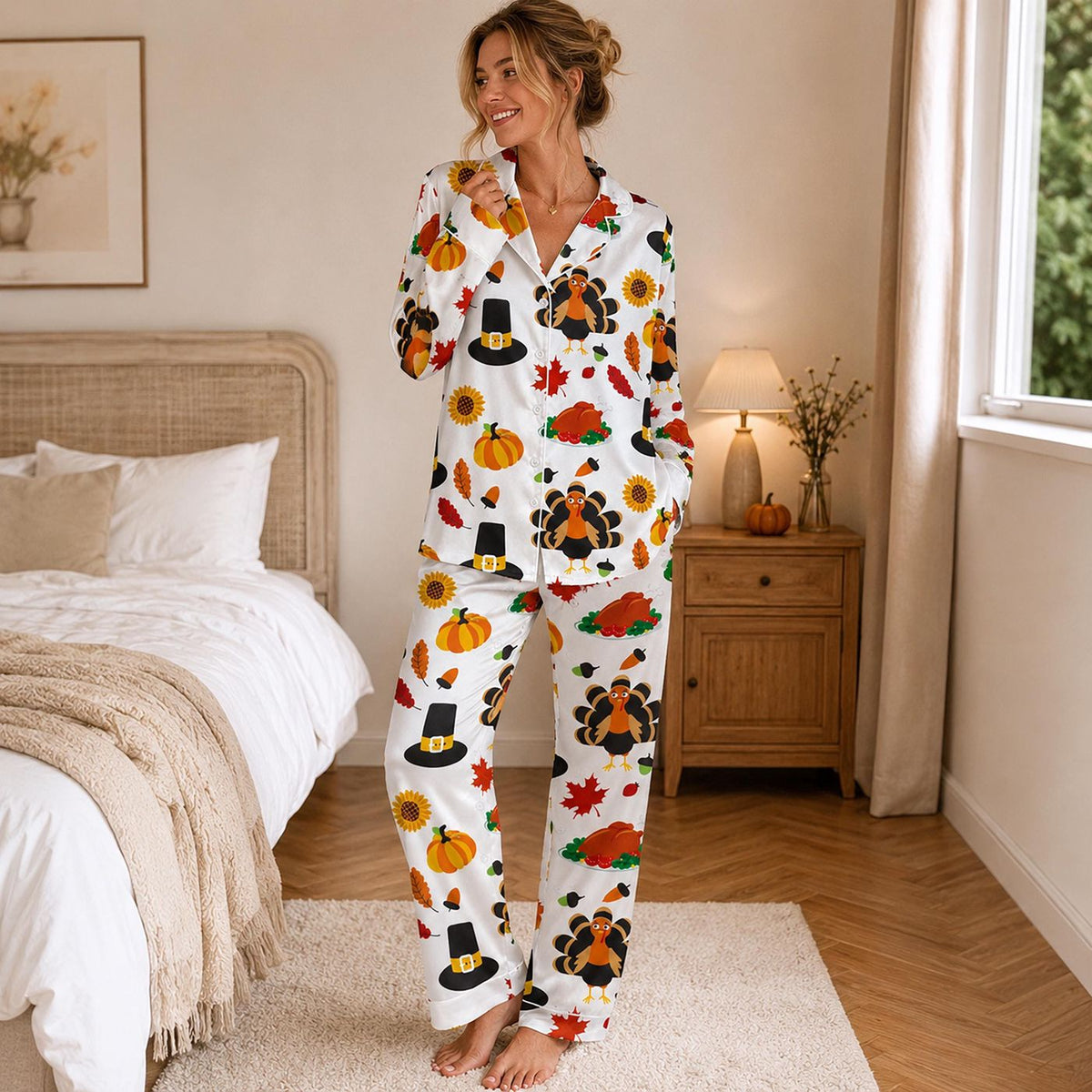 Thanksgiving Turkey Satin Pajama Set with Pumpkin Sunflower & Fall Harvest Pattern