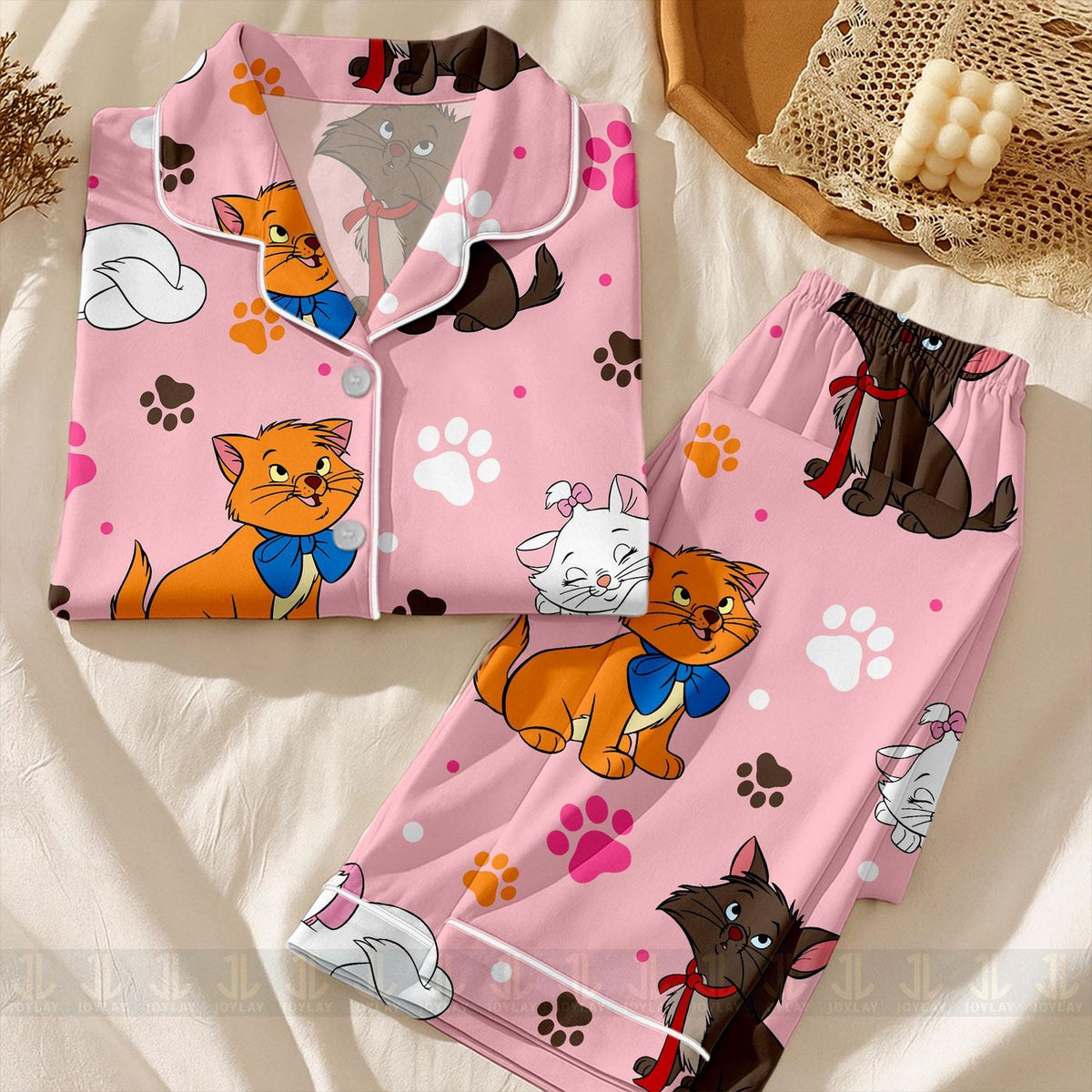 Aristocats Marie Friends Satin Pajamas Set Unisex Spooky Season Long Sleeve Short